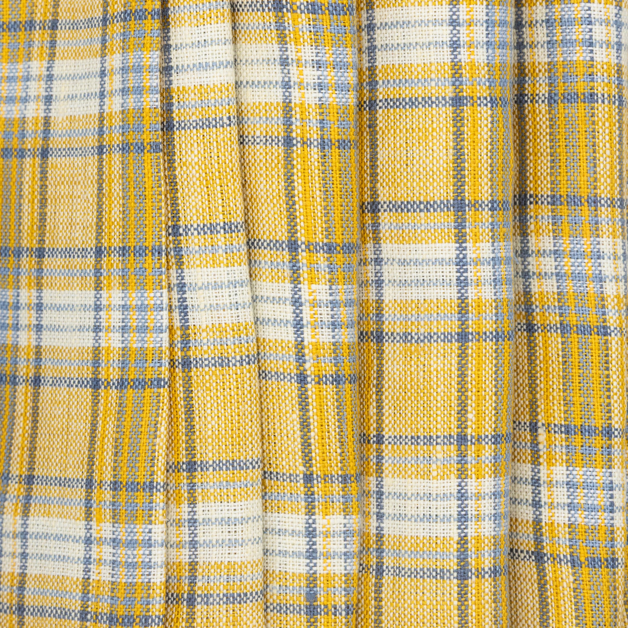 Yellow, Blue, and White Checked Linen, drape - $16.00 yd. - Burnley & Trowbridge Co.