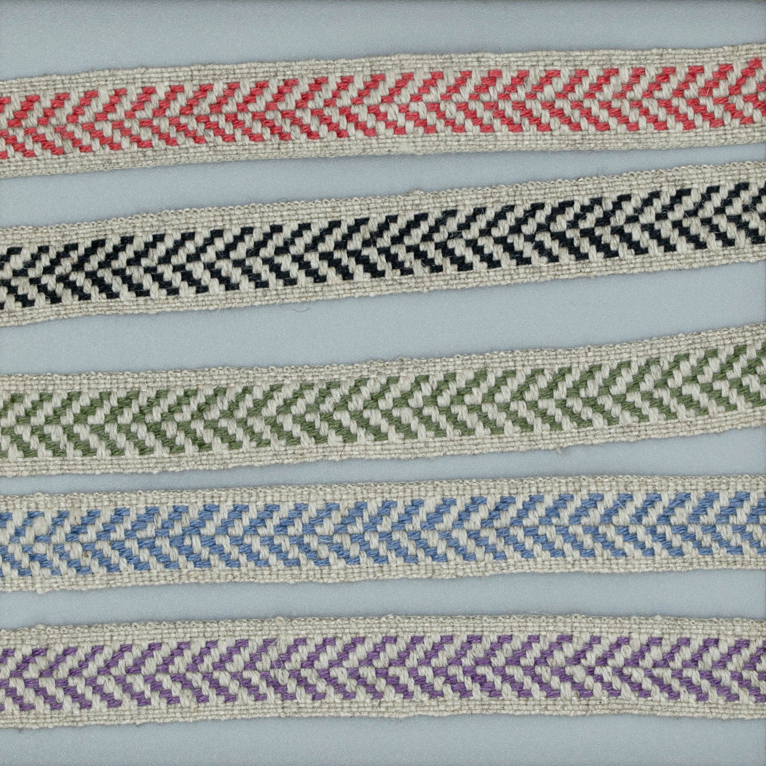 Five colors of linen twill chevron tape in 3/8 inch width