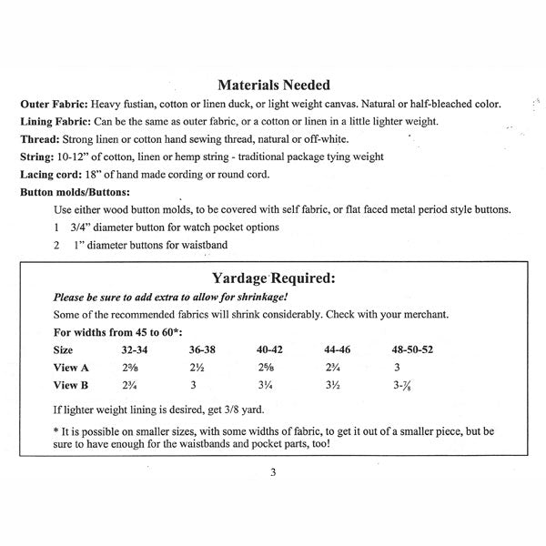 Kanniks Korner 1750-1820 Outer Breeches (Slops) Pattern - Burnley & Trowbridge Co.