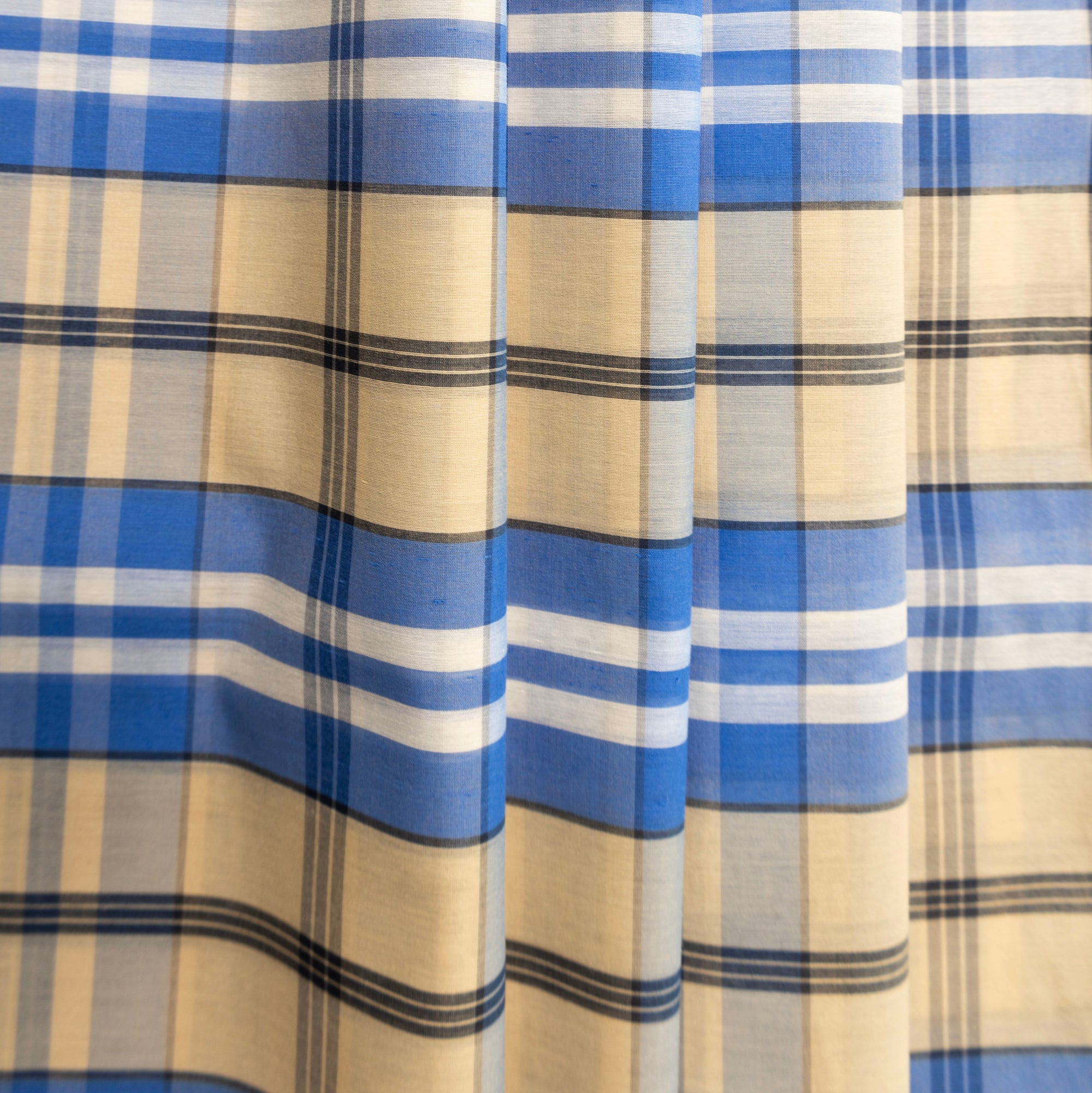 Blue, Navy, Tan, & Cream Checked Cotton & Silk Gauze - $16.00 yd. - Burnley & Trowbridge Co.