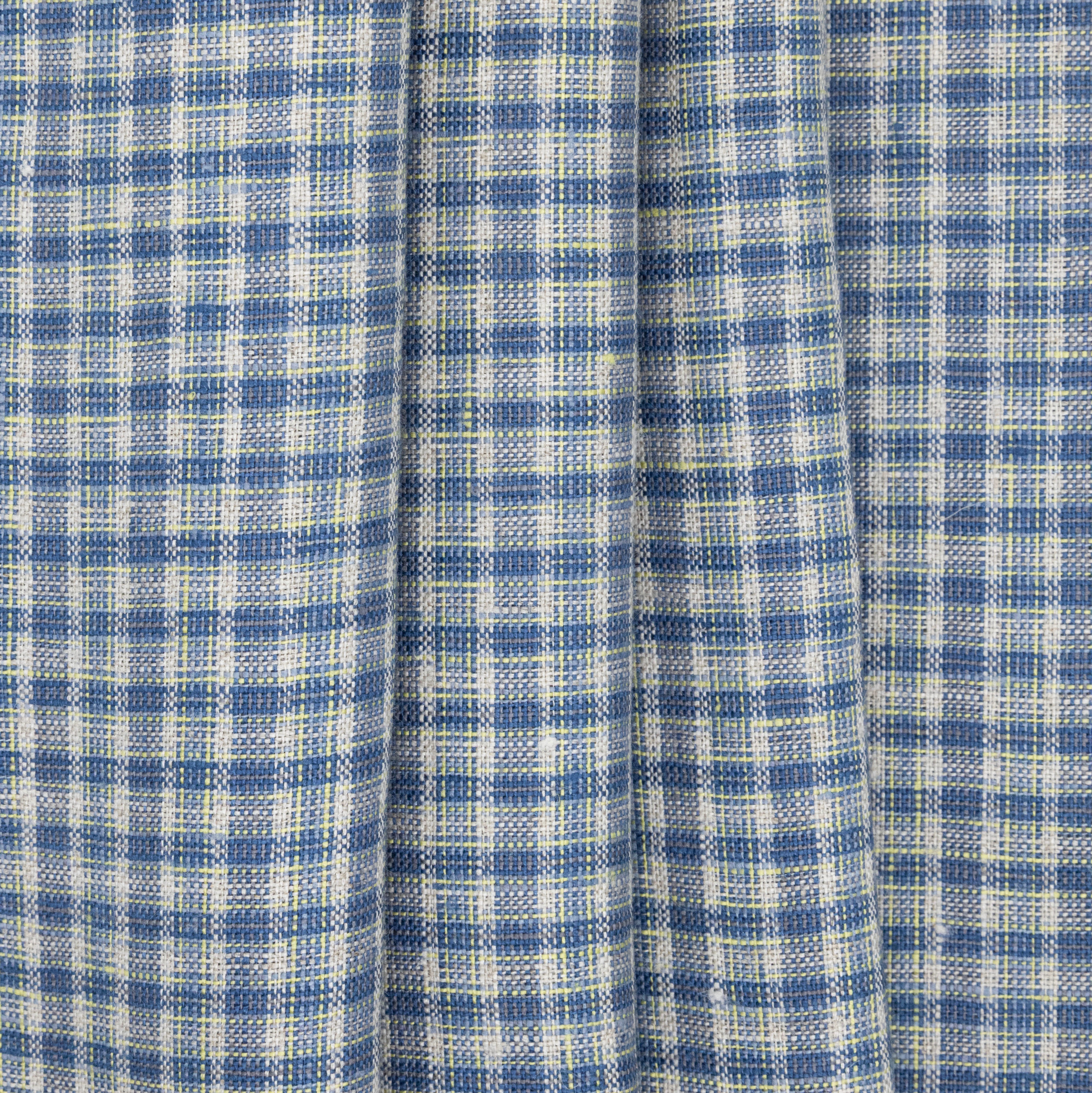 Medium Blue, Wheat, Yellow & Orange Checked Linen - $16.00 yd. - Burnley & Trowbridge Co.