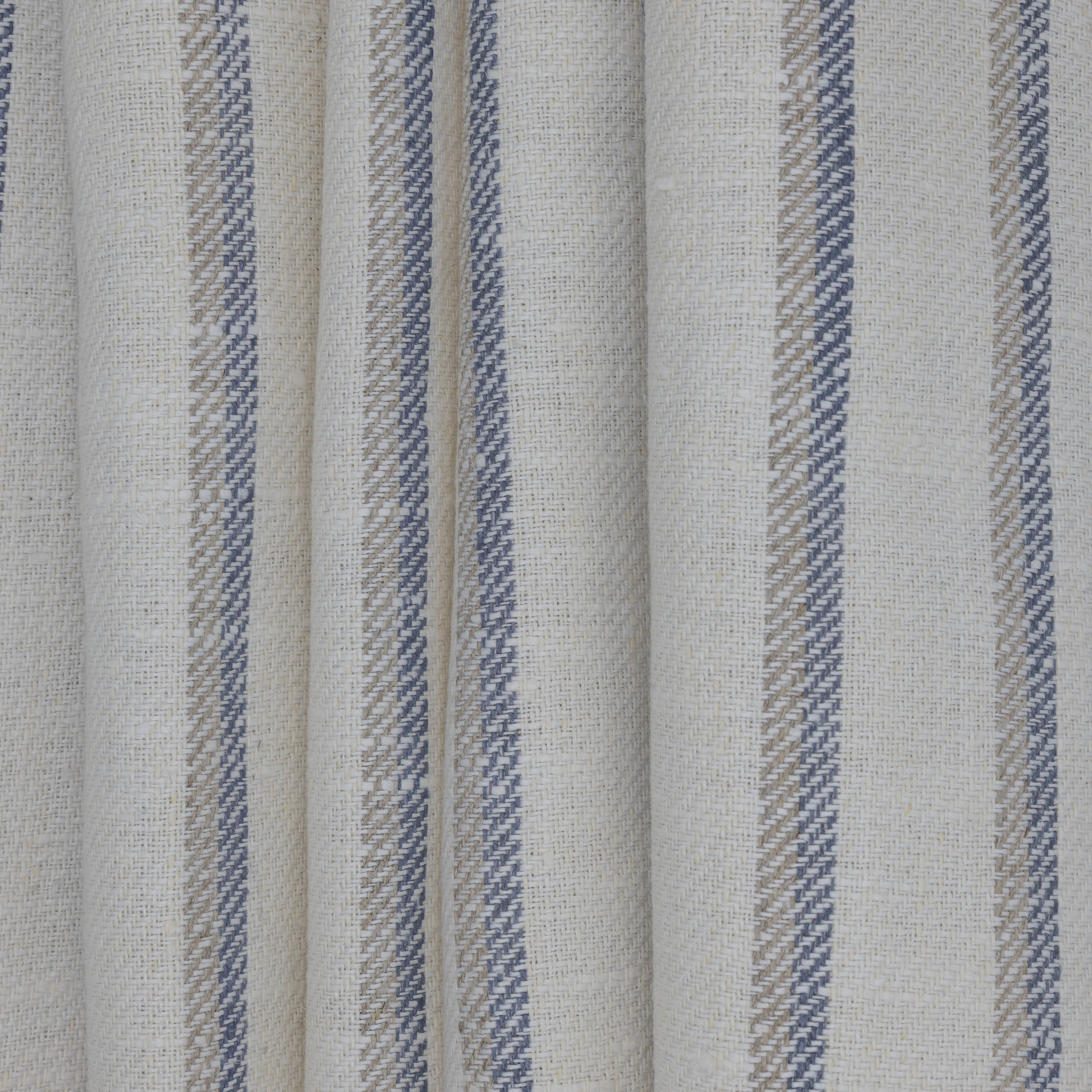 White, Natural & Blue Striped Linen, drape - $16.00 yd. - Burnley & Trowbridge Co.