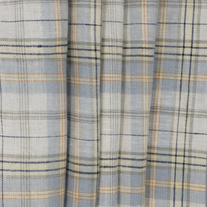 Off White, Blue, Yellow, Orange, & Indigo Checked Linen, drape - $16.00 yd. - Burnley & Trowbridge Co.