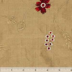 Red Floral Embroidered Bronze Silk Taffeta, 6 inch - $25.00 yd. - Burnley & Trowbridge Co.