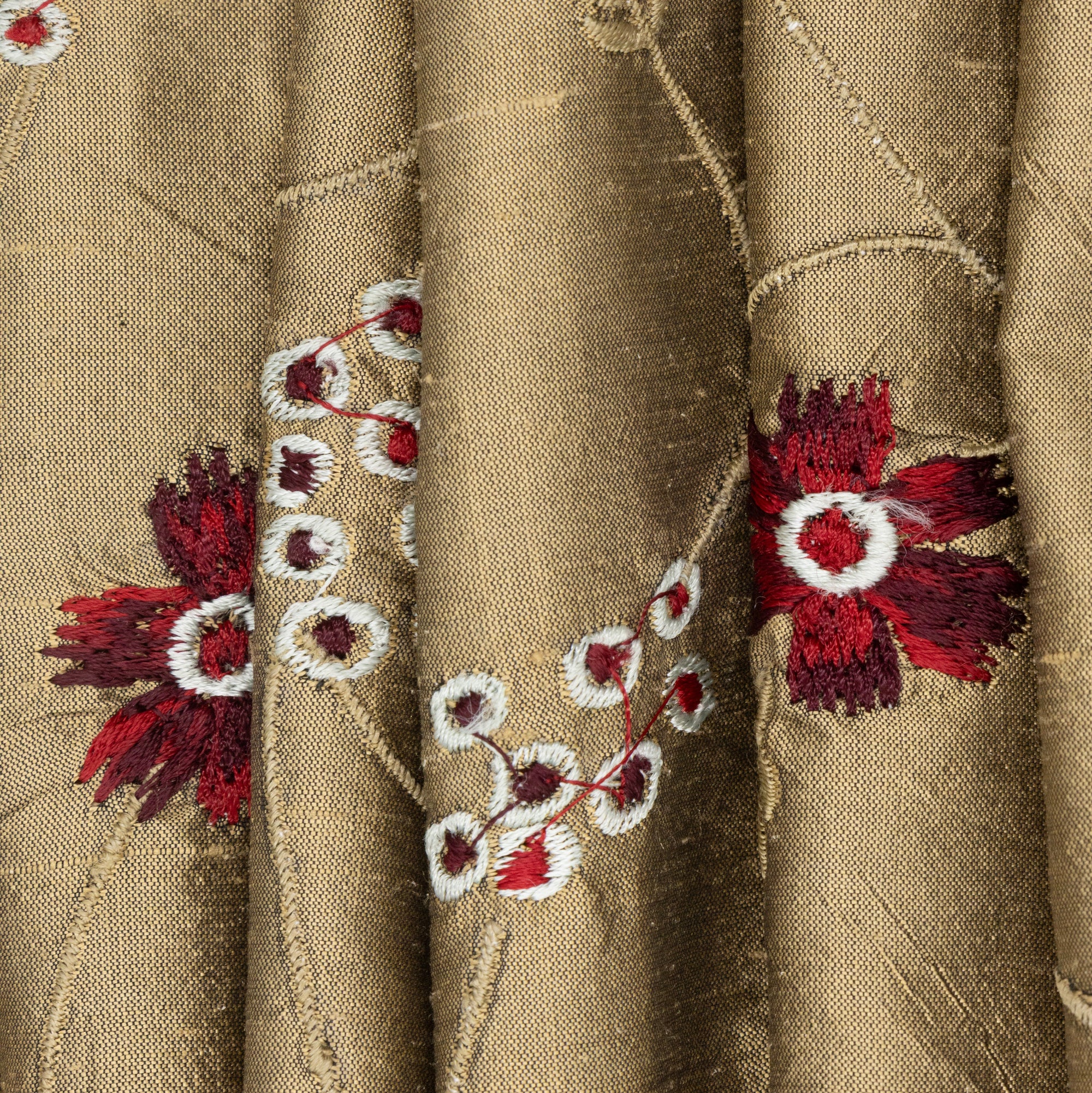 Red Floral Embroidered Bronze Silk Taffeta, drape - $25.00 yd. - Burnley & Trowbridge Co.