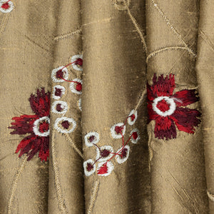 Red Floral Embroidered Bronze Silk Taffeta, drape - $25.00 yd. - Burnley & Trowbridge Co.