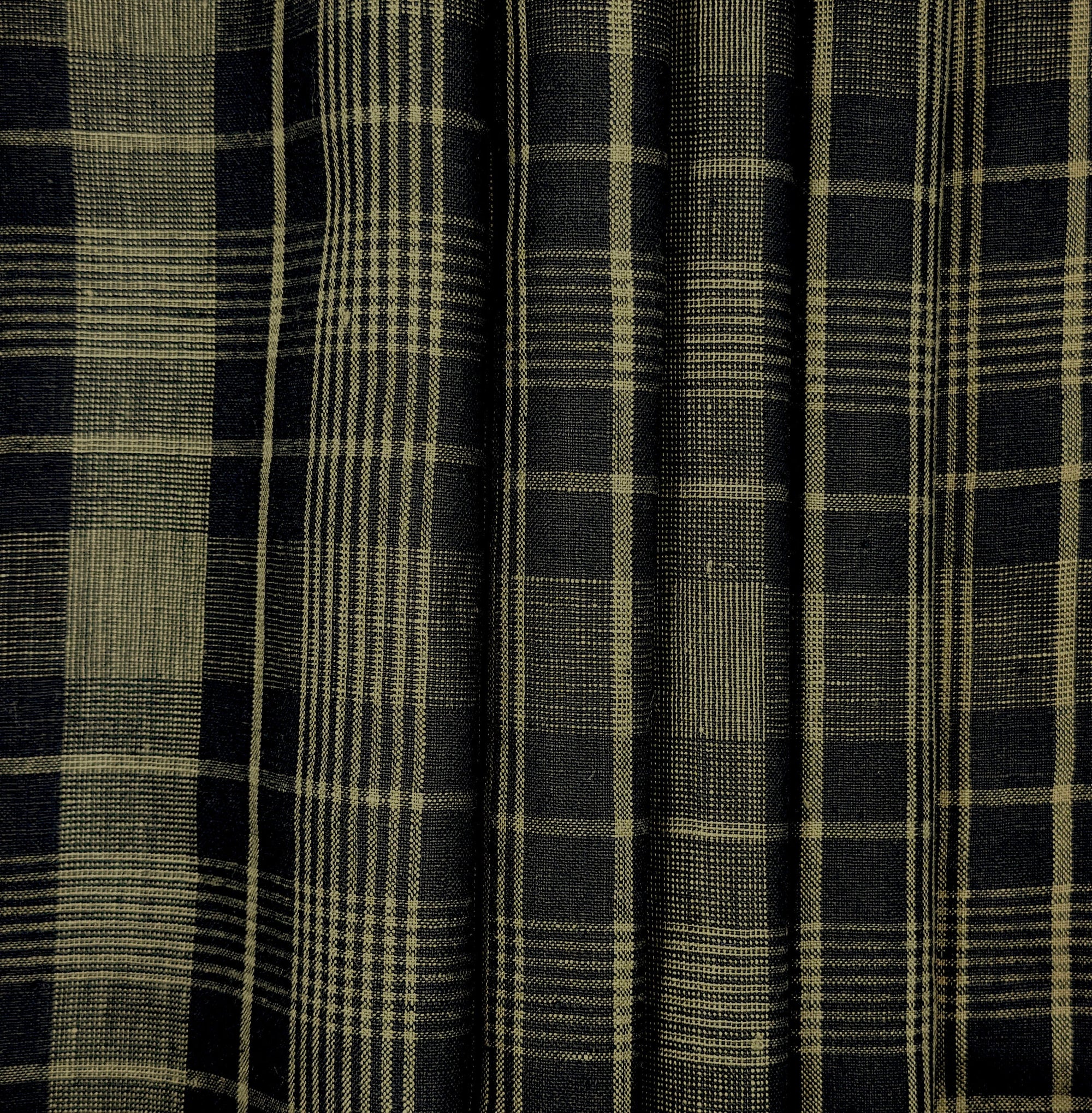 Olive & Black Lightweight Linen Check, drape - $16.00 yd. - Burnley & Trowbridge Co.
