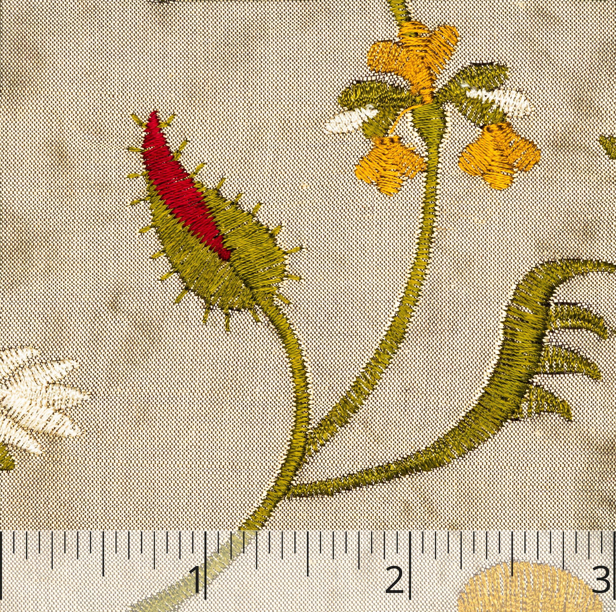 Olive & Red Floral Embroidered Bronze Silk Taffeta - $38.00 yd. - Burnley & Trowbridge Co.