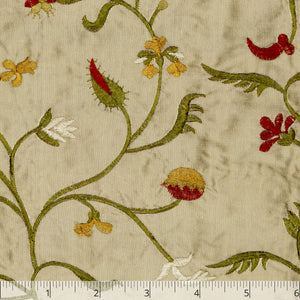 Olive & Red Floral Embroidered Bronze Silk Taffeta, 6 inch - $38.00 yd. - Burnley & Trowbridge Co.