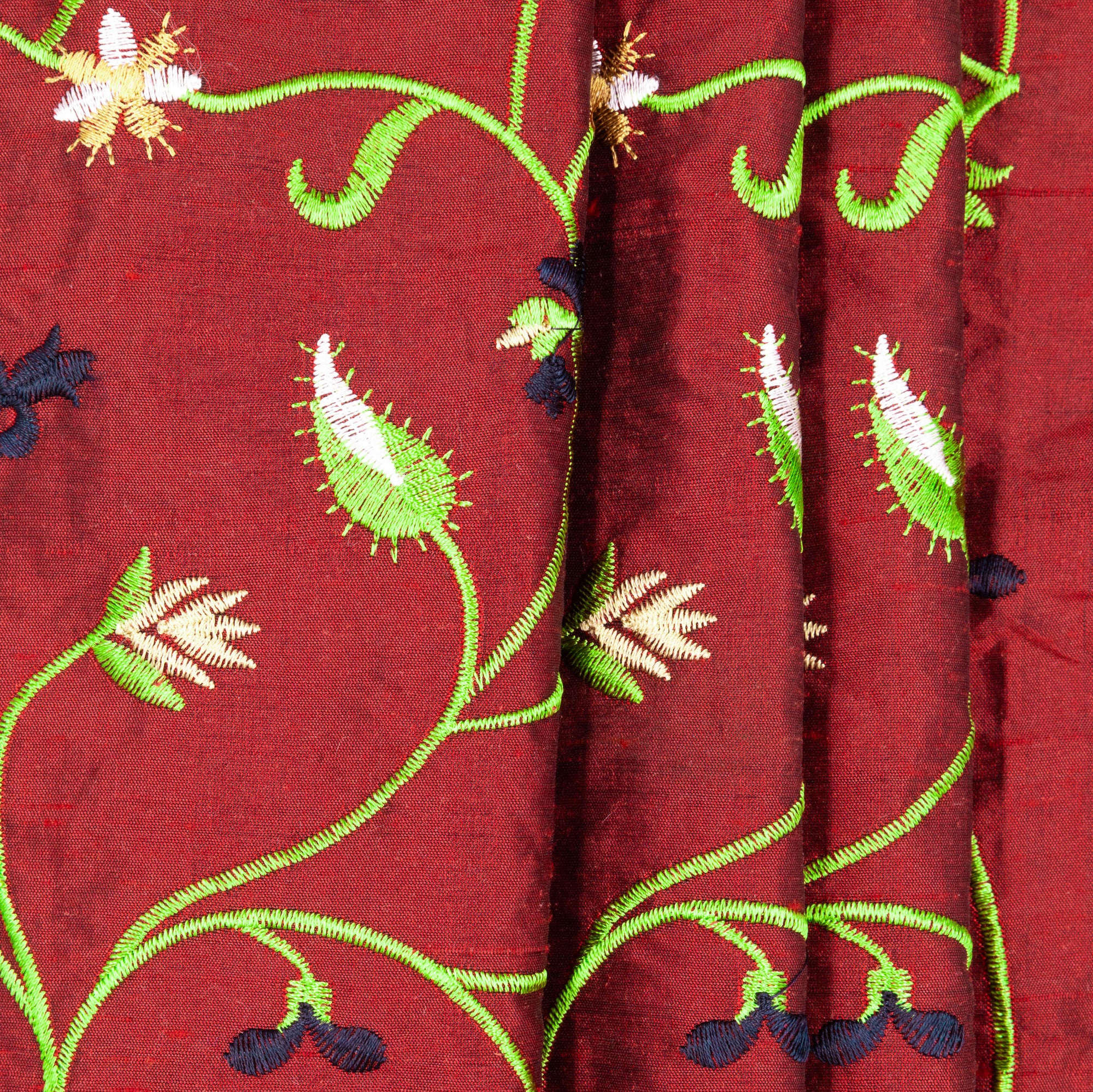 Green & Black Floral Embroidered Ruby Silk Taffeta - $38.00 yd.