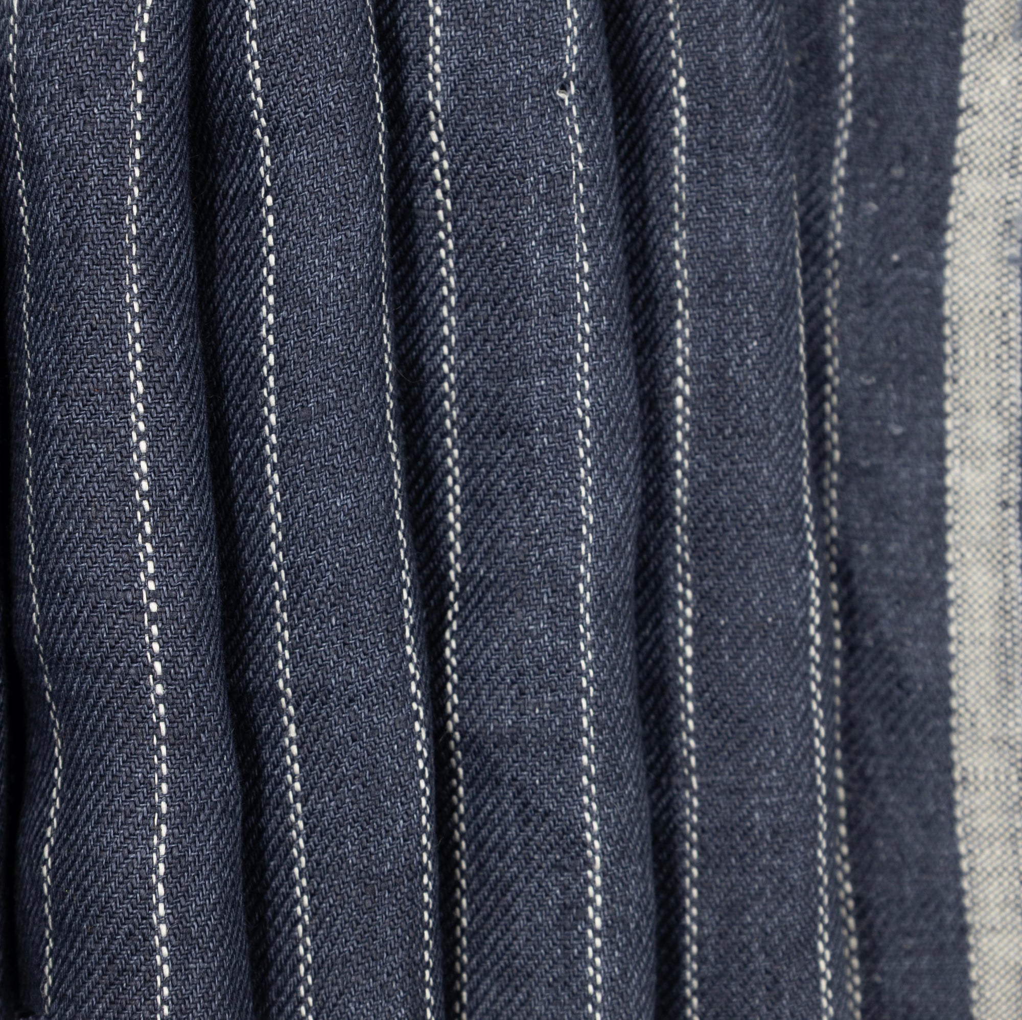 Dark Indigo & White Striped Herringbone Linen, drape - $18.00 yd. - Burnley & Trowbridge Co.