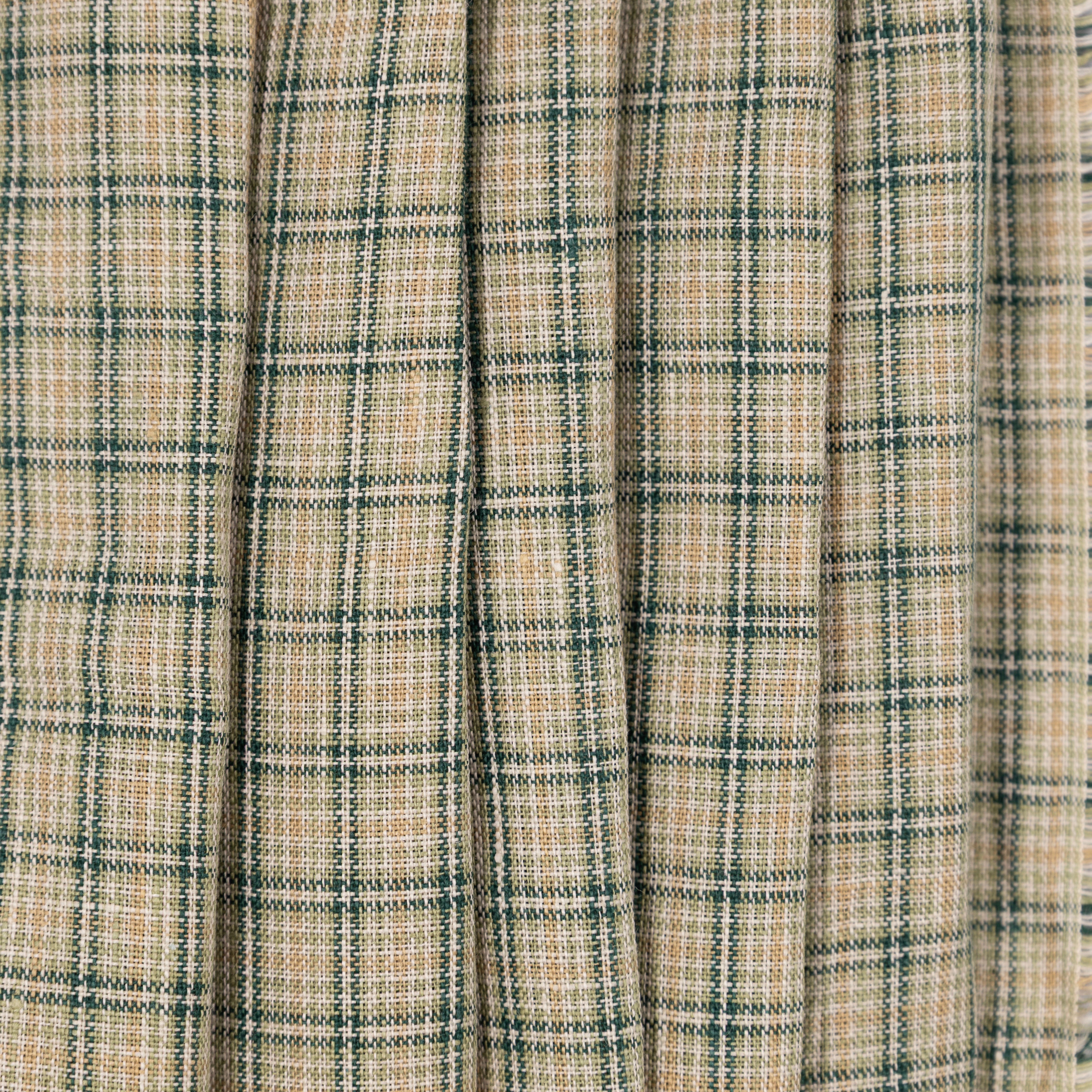 Green, Gold, & Natural Checked Linen, drape - $16.00 yd. - Burnley & Trowbridge Co.