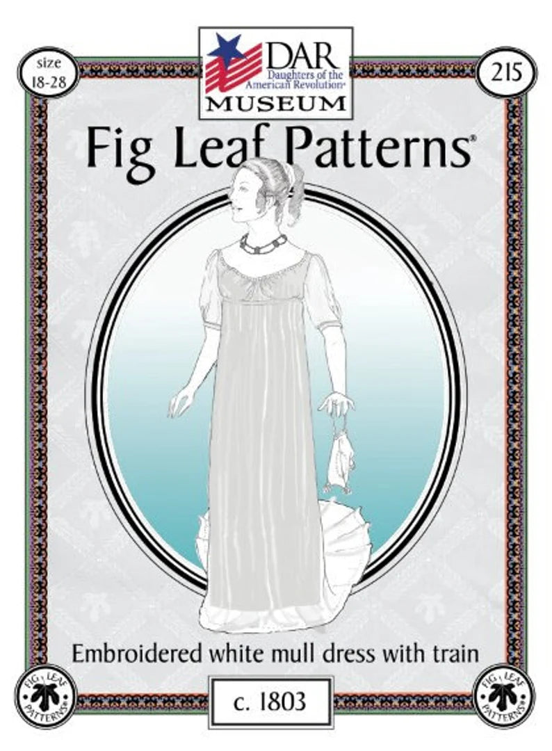 Fig Leaf Patterns Embroidered White Mull Dress With Train c. 1803
