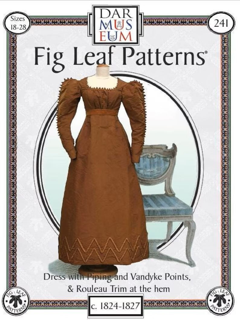 Fig Leaf Patterns Dress With Piping and Vandyke Point and Rouleau Trim at the Hem c. 1824-1827